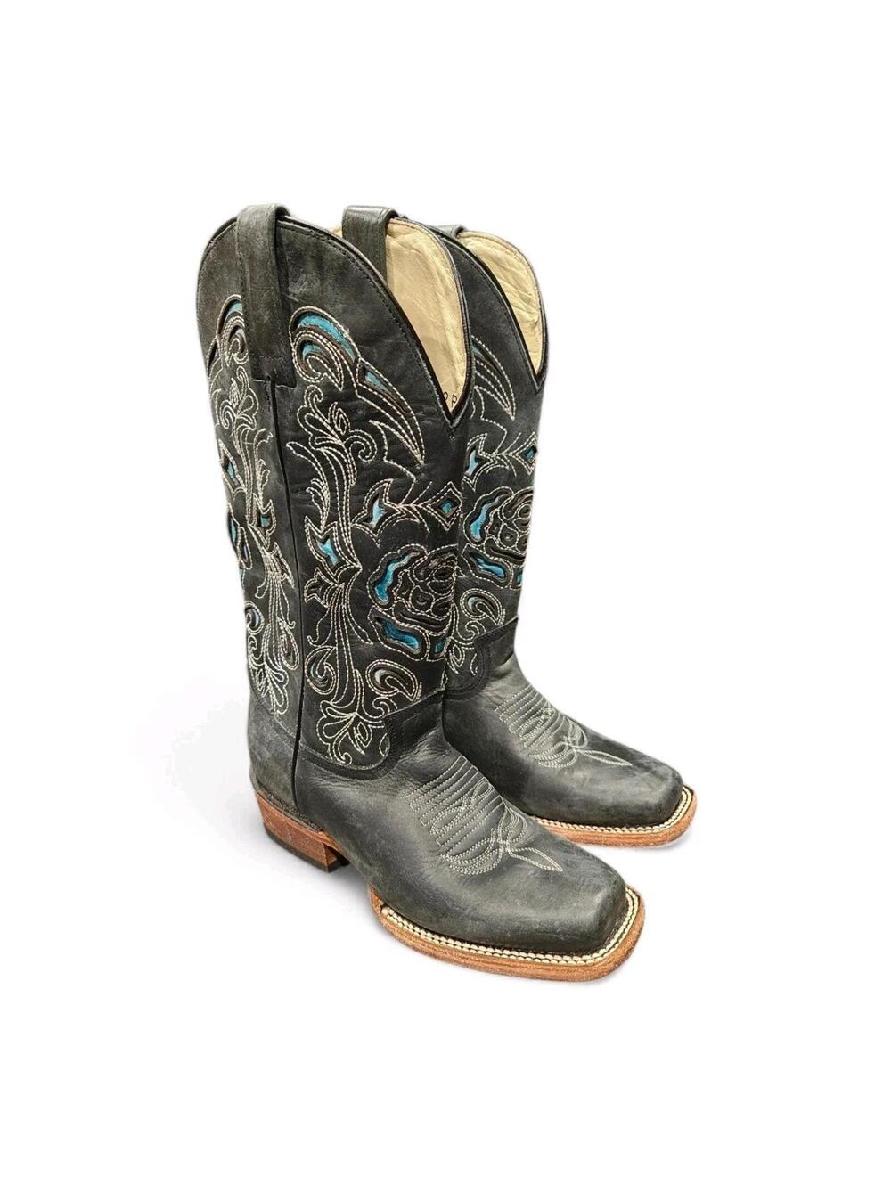 J.B. Dillon Reserve Women’s Leather Teal Floral Square Toe Cowboy Boots SZ 5.5 B
